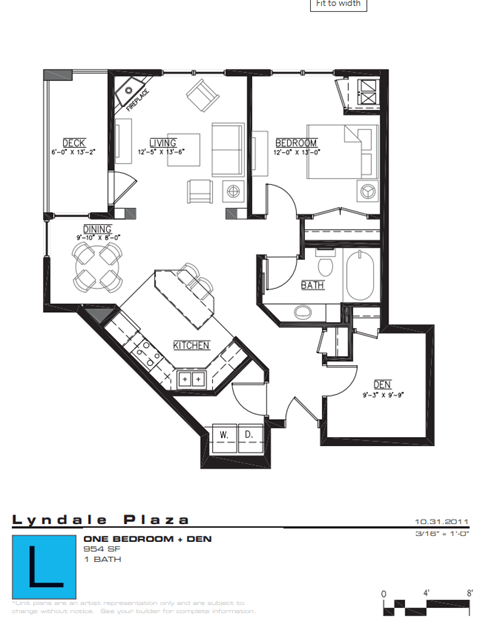 Floor plan for 1 bed, 1 bath, 954 sqft